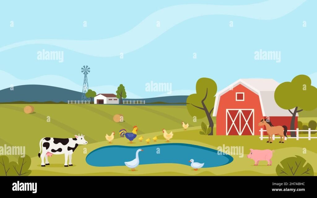 paesaggio rurale con fattoria e animali