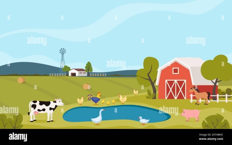 paesaggio rurale con fattoria e animali