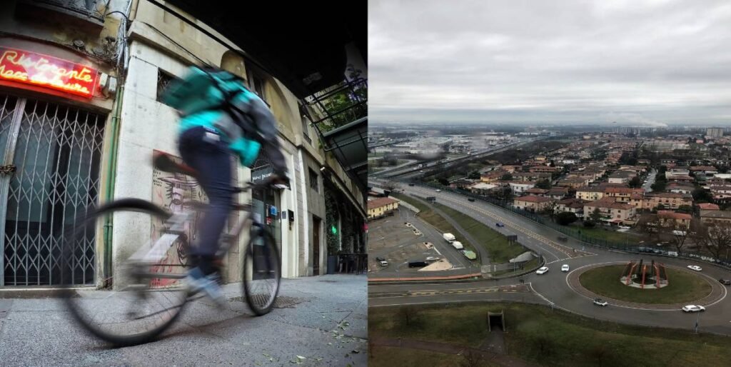 rider con bicicletta in una citta italiana